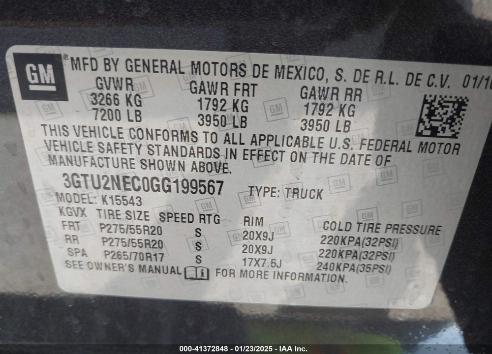 2016 GMC SIERRA 1500 VIN: 3GTU2NEC0GG199567