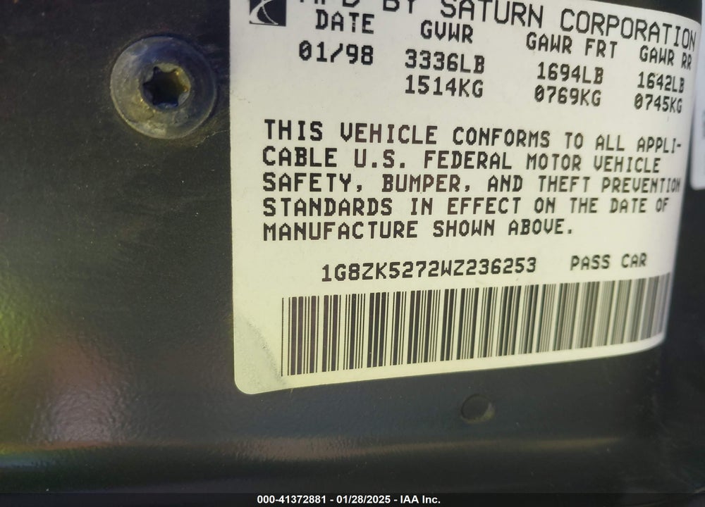 1998 SATURN SL2 VIN: 1G8ZK5272WZ236253