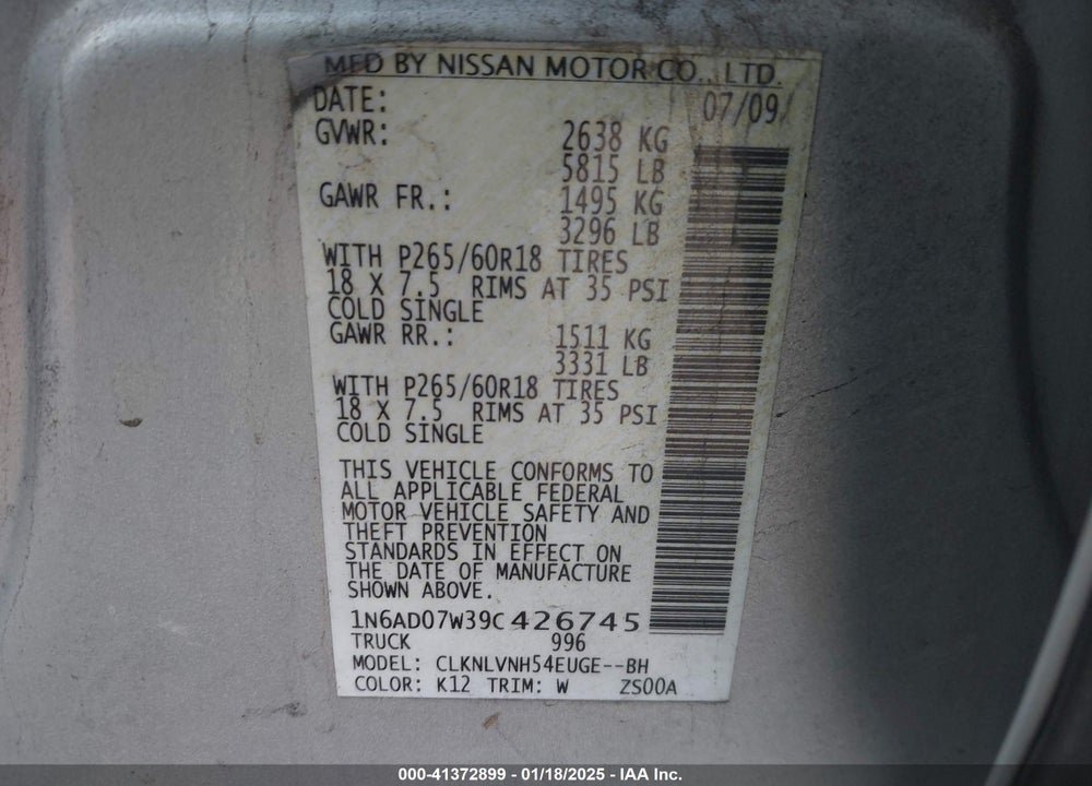2009 NISSAN FRONTIER VIN: 1N6AD07W39C426745