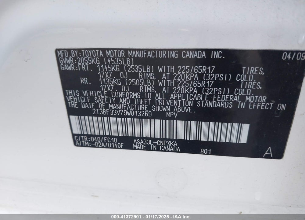 2009 TOYOTA RAV4 VIN: 2T3BF33V79W013269