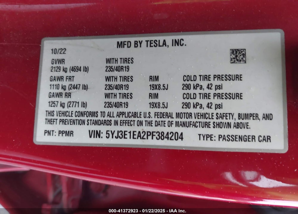 2023 TESLA MODEL 3 VIN: 5YJ3E1EA2PF384204