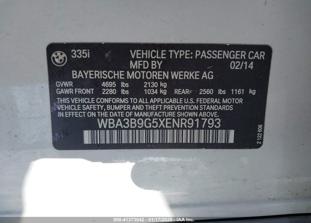 2014 BMW 3 SERIES VIN: WBA3B9G5XENR91793