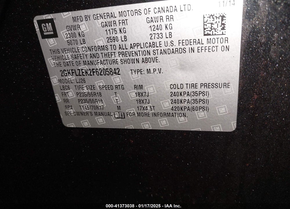 2015 GMC TERRAIN VIN: 2GKFLZEK2F6205842