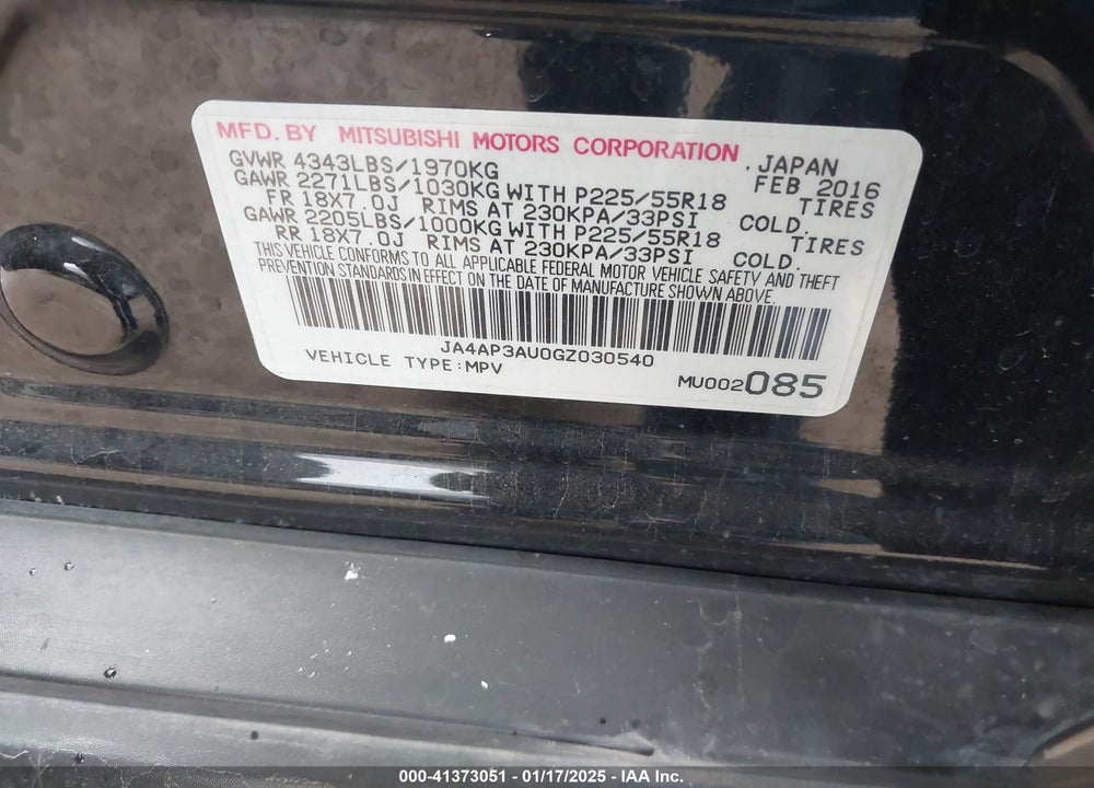 2016 MITSUBISHI OUTLANDER SPORT 2.0 ES VIN: JA4AP3AU0GZ030540