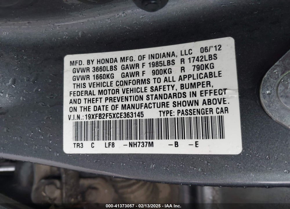 2012 HONDA CIVIC SDN LX VIN: 19XFB2F5XCE363145