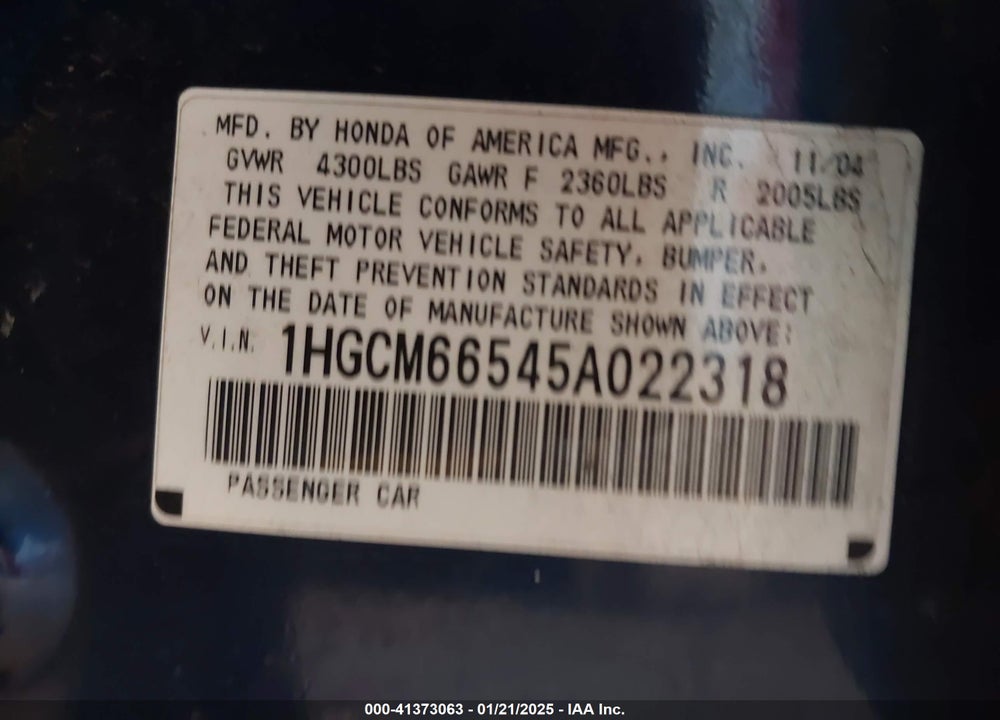 2005 HONDA ACCORD 3.0 EX VIN: 1HGCM66545A022318