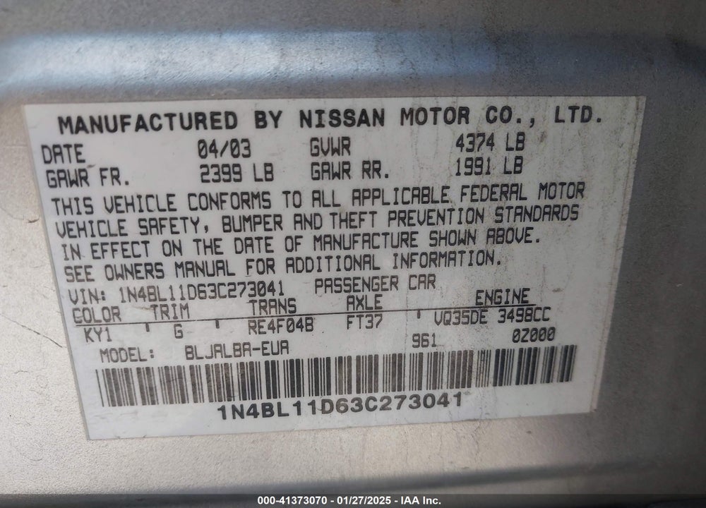 2003 NISSAN ALTIMA 3.5 SE VIN: 1N4BL11D63C273041
