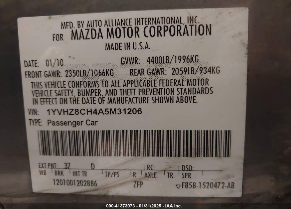 2010 MAZDA MAZDA6 VIN: 1YVHZ8CH4A5M31206