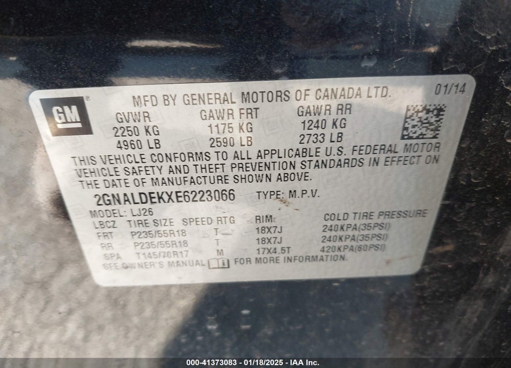 2014 CHEVROLET EQUINOX LTZ VIN: 2GNALDEKXE6223066