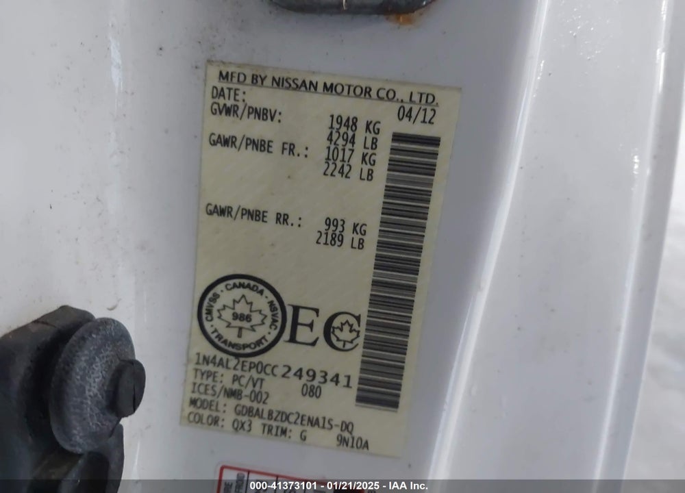 2012 NISSAN ALTIMA 2.5 S VIN: 1N4AL2EP0CC249341
