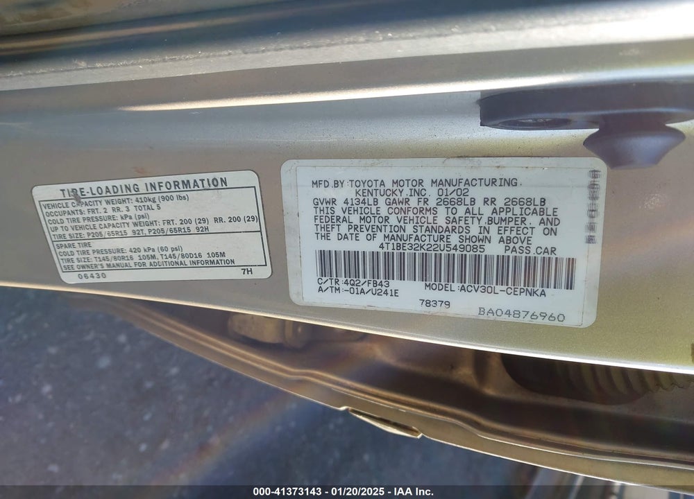 2002 TOYOTA CAMRY LE VIN: 4T1BE32K22U549085