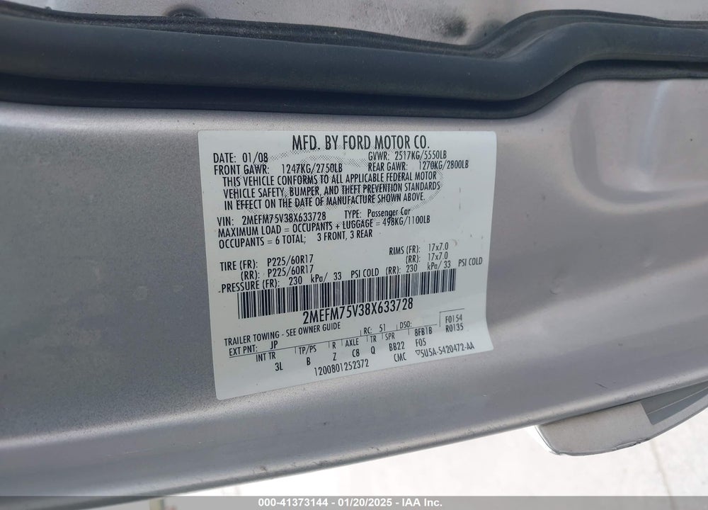 2008 MERCURY GRAND MARQUIS LS VIN: 2MEFM75V38X633728