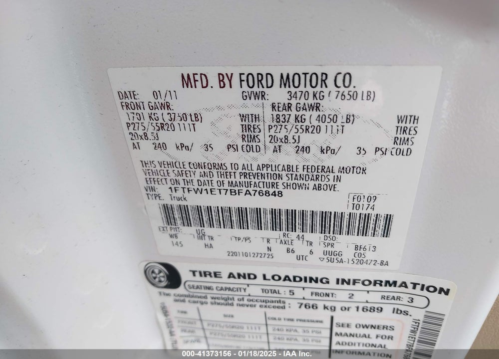 2011 FORD F-150 LARIAT VIN: 1FTFW1ET7BFA76848