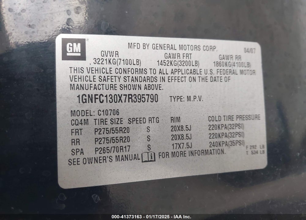 2007 CHEVROLET TAHOE LT VIN: 1GNFC130X7R395790