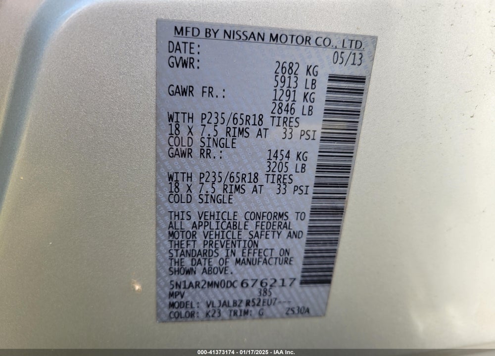 2013 NISSAN PATHFINDER VIN: 5N1AR2MN0DC676217