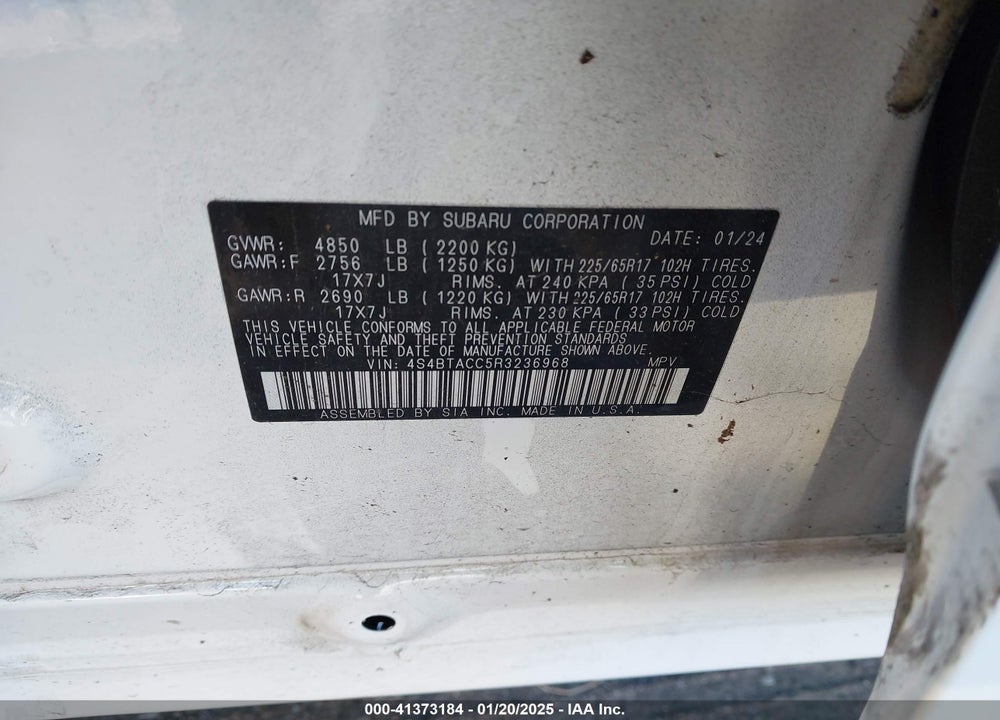 2024 SUBARU OUTBACK PREMIUM VIN: 4S4BTACC5R3236968