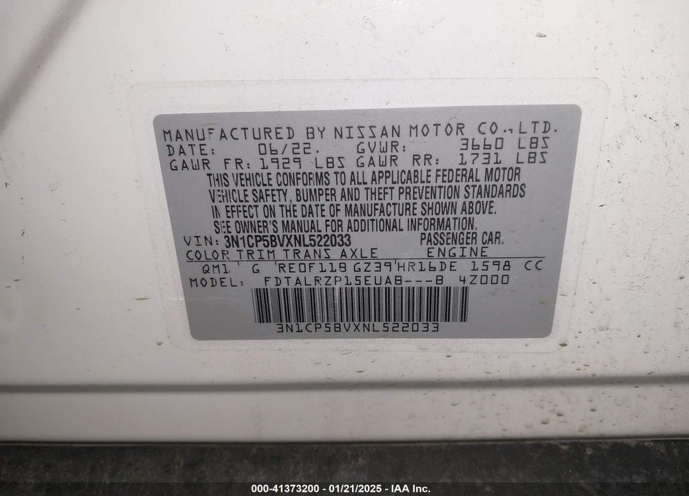 2022 NISSAN KICKS S XTRONIC CVT VIN: 3N1CP5BVXNL522033