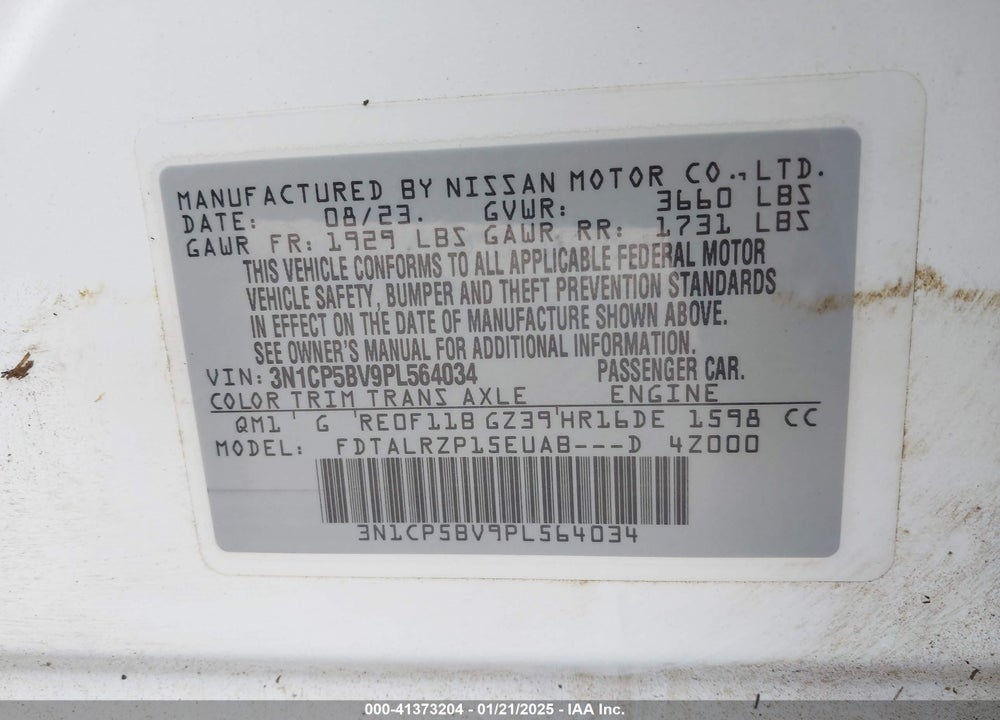 2023 NISSAN KICKS S XTRONIC CVT VIN: 3N1CP5BV9PL564034