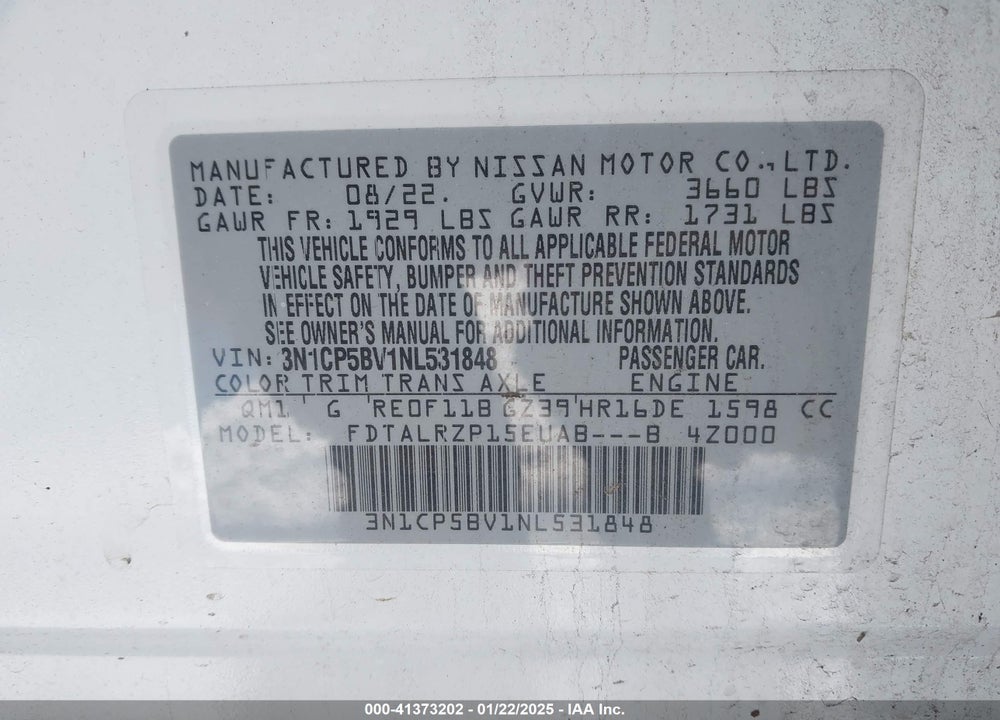 2022 NISSAN KICKS S XTRONIC CVT VIN: 3N1CP5BV1NL531848