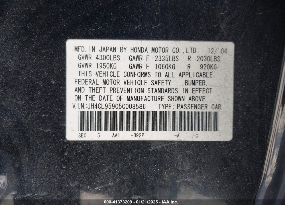 2005 ACURA TSX VIN: JH4CL95905C008586