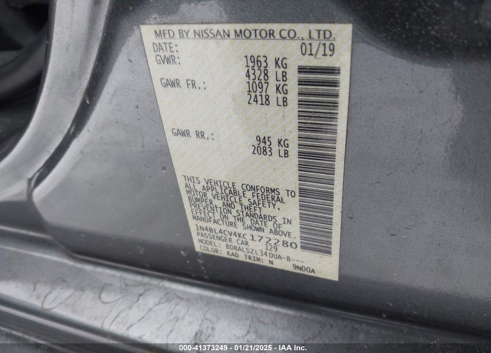 2019 NISSAN ALTIMA 2.5 SR VIN: 1N4BL4CV4KC172280