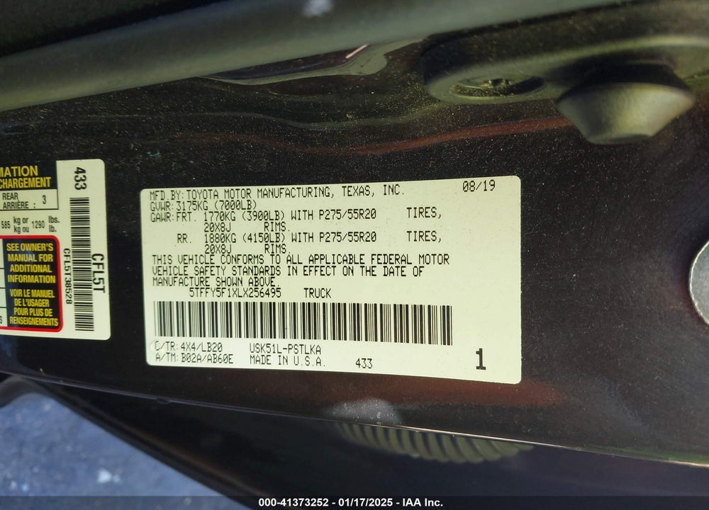 2020 TOYOTA TUNDRA VIN: 5TFFY5F1XLX256495