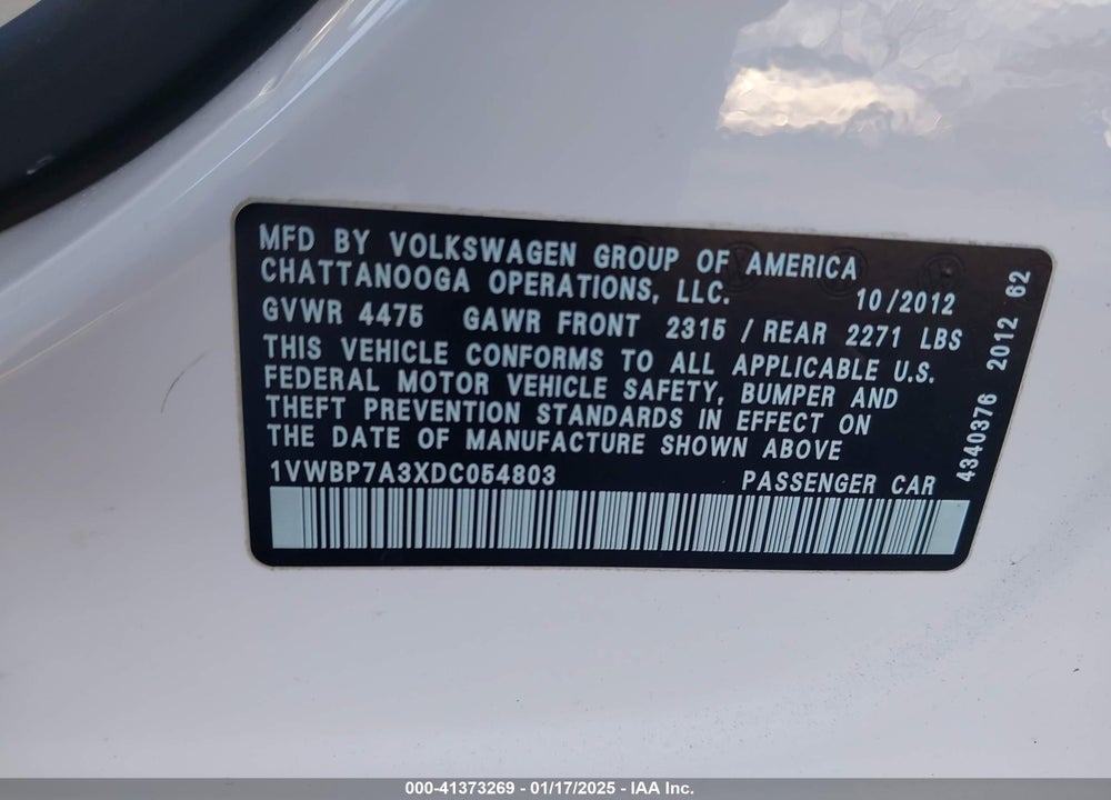 2013 VOLKSWAGEN PASSAT VIN: 1VWBP7A3XDC054803