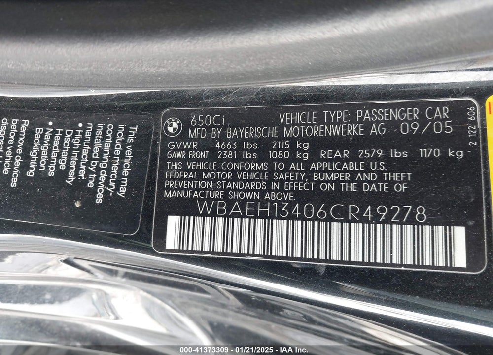 2006 BMW 650I VIN: WBAEH13406CR49278