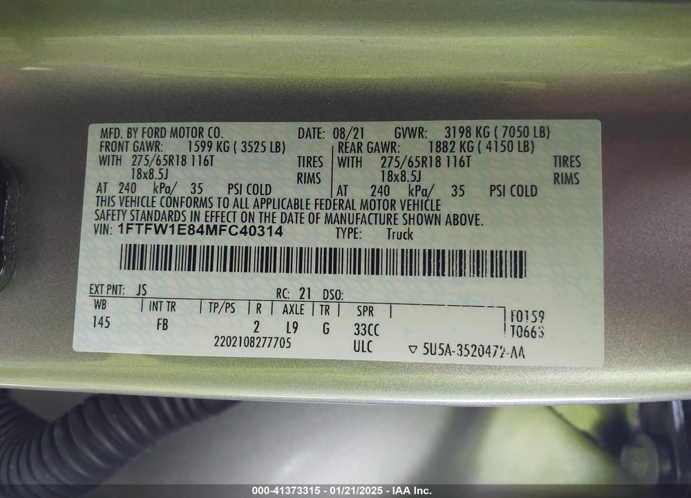 2021 FORD F-150 XLT VIN: 1FTFW1E84MFC40314