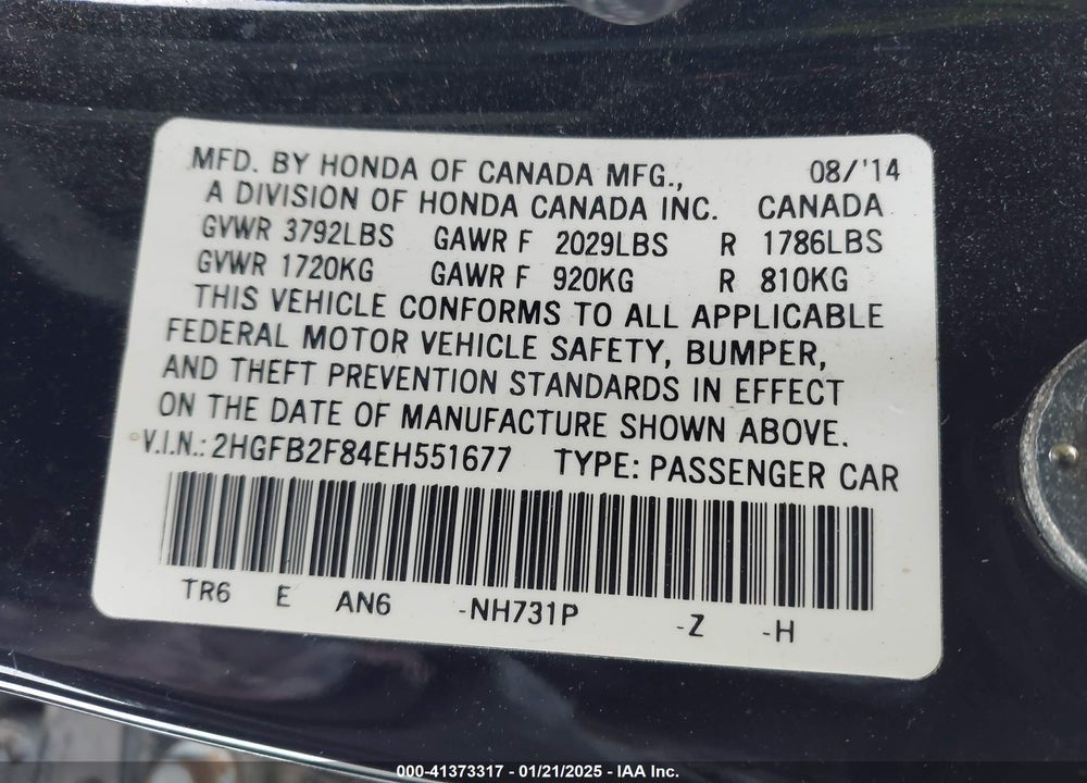 2014 HONDA CIVIC VIN: 2HGFB2F84EH551677