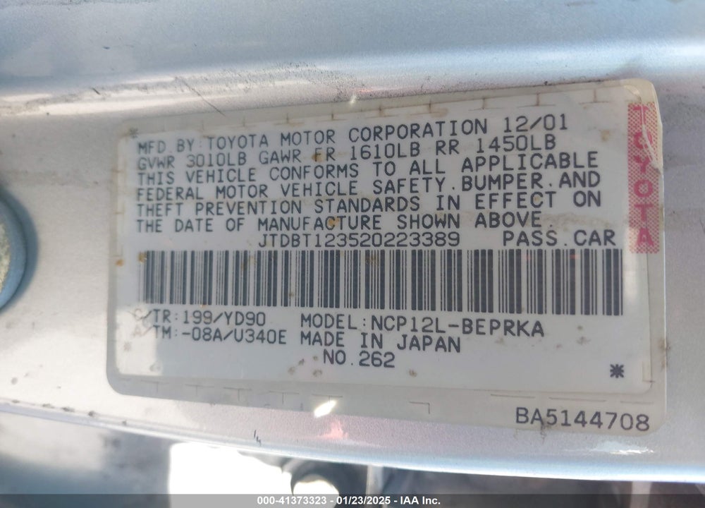2002 TOYOTA ECHO VIN: JTDBT123520223389