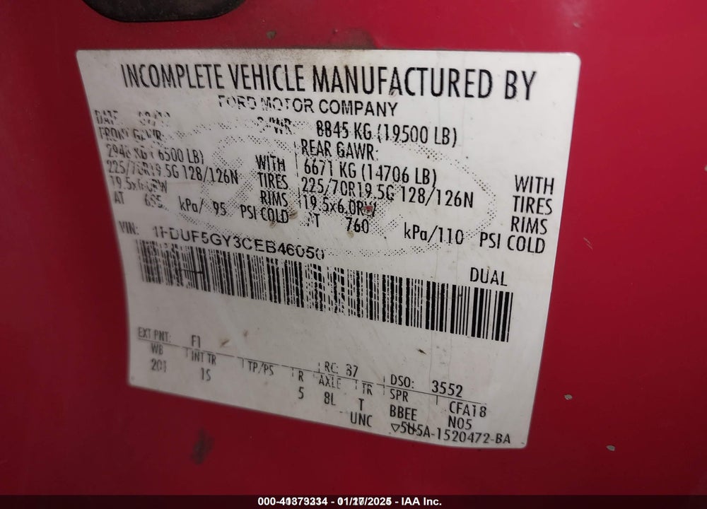 2012 FORD F-550 CHASSIS XL VIN: 1FDUF5GY3CEB46050