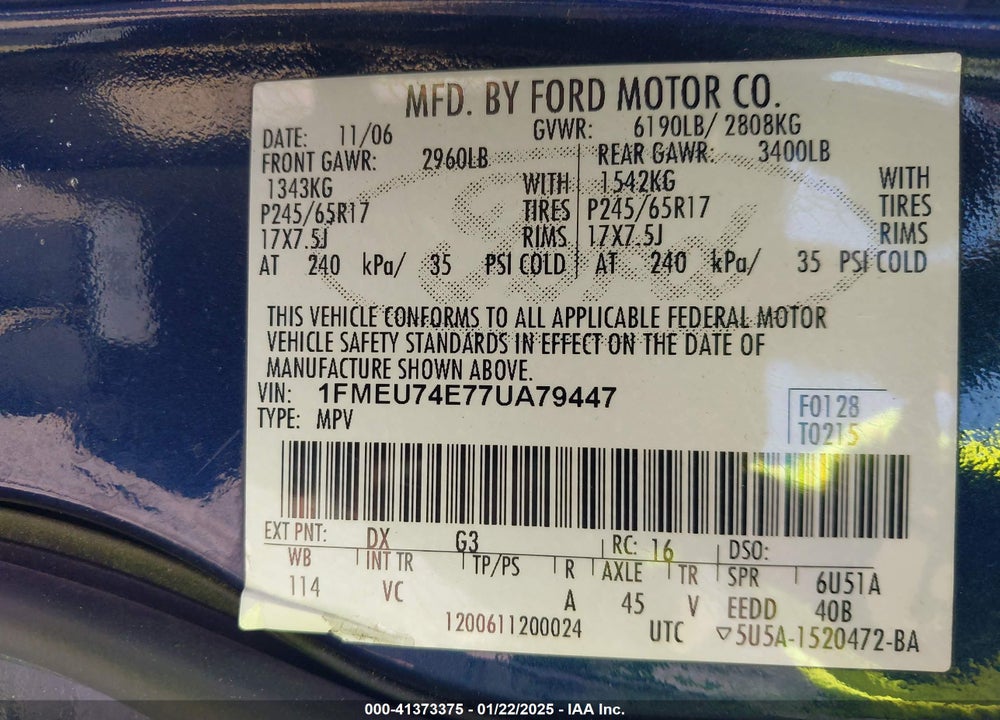 2007 FORD EXPLORER EDDIE BAUER VIN: 1FMEU74E77UA79447