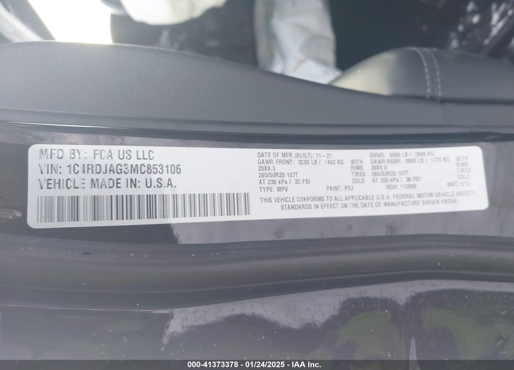 2021 DODGE DURANGO SXT PLUS AWD VIN: 1C4RDJAG3MC853106