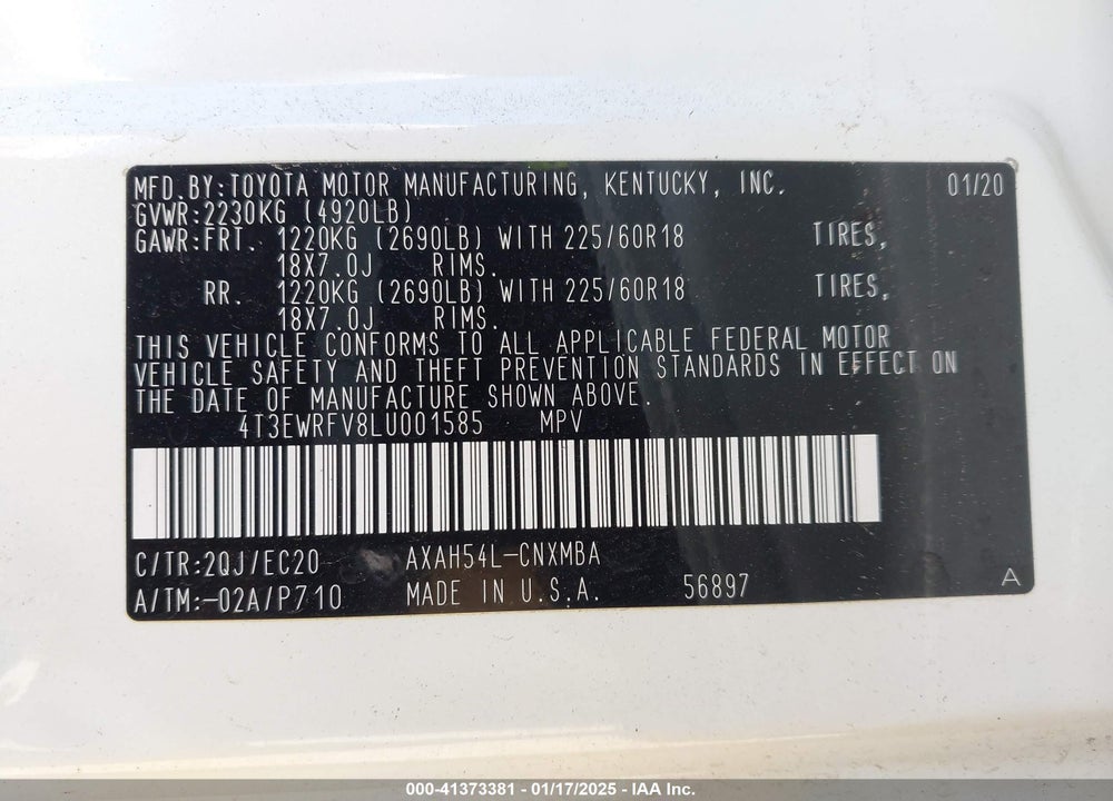 2020 TOYOTA RAV4 HYBRID VIN: 4T3EWRFV8LU001585