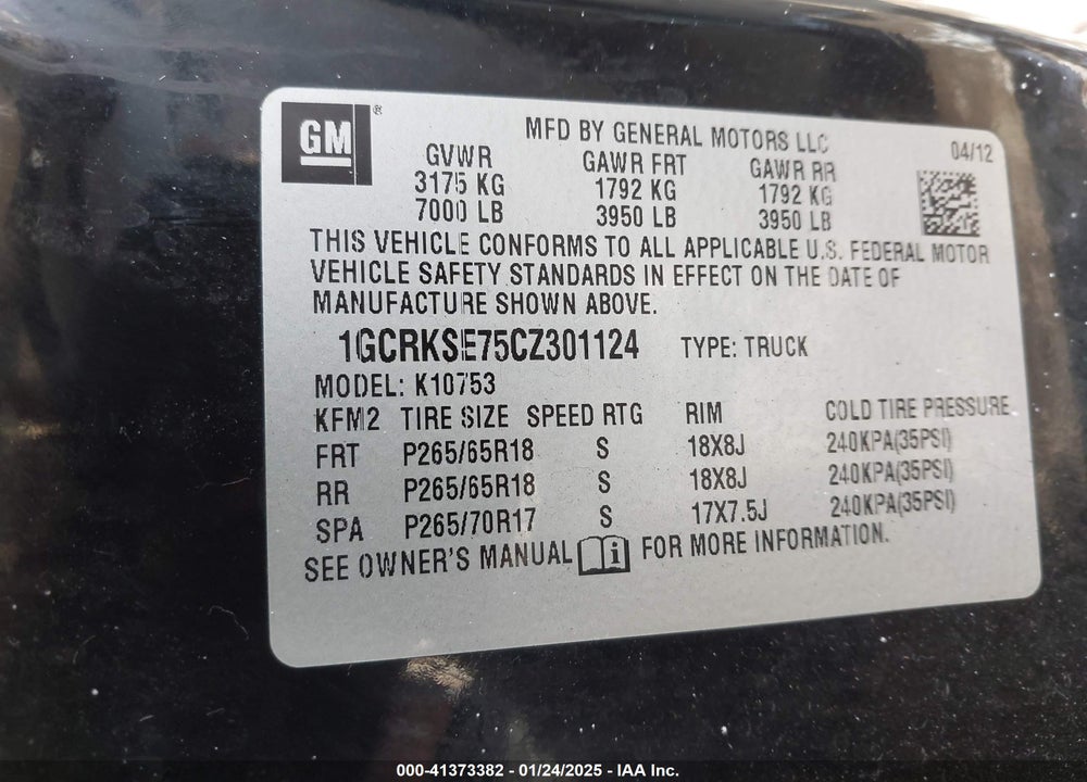 2012 CHEVROLET SILVERADO 1500 VIN: 1GCRKSE75CZ301124