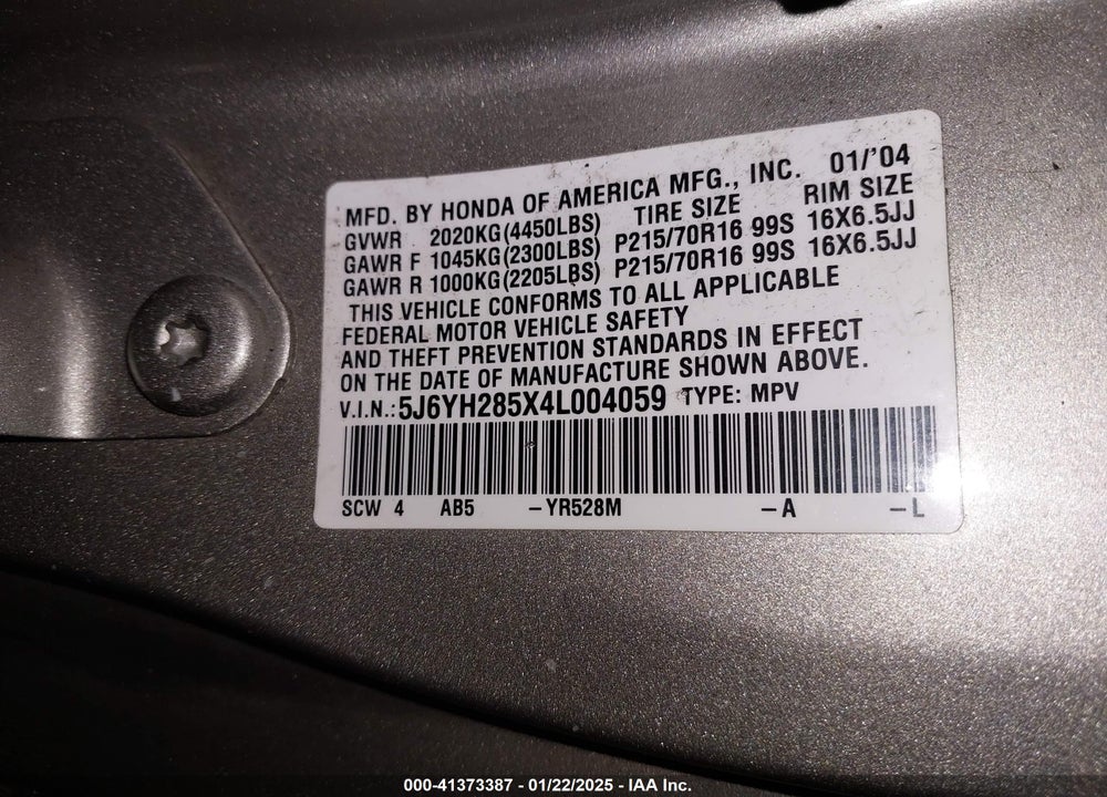 2004 HONDA ELEMENT EX VIN: 5J6YH285X4L004059