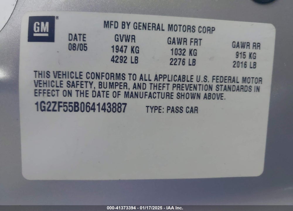 2006 PONTIAC G6 VIN: 1G2ZF55B064143887