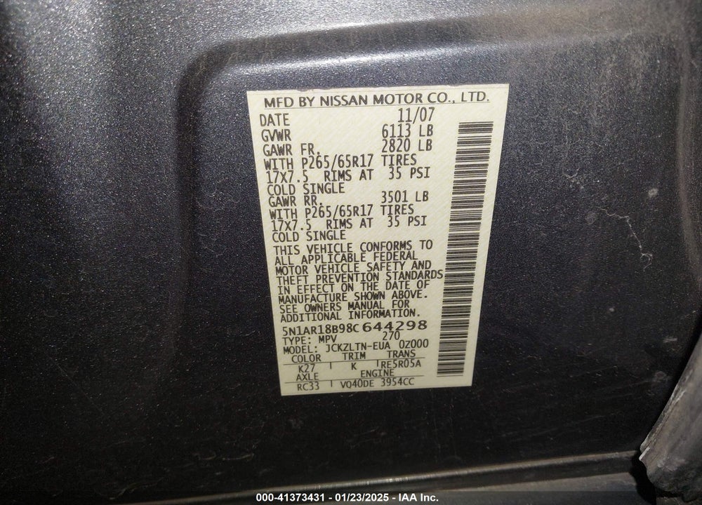 2008 NISSAN PATHFINDER SE VIN: 5N1AR18B98C644298