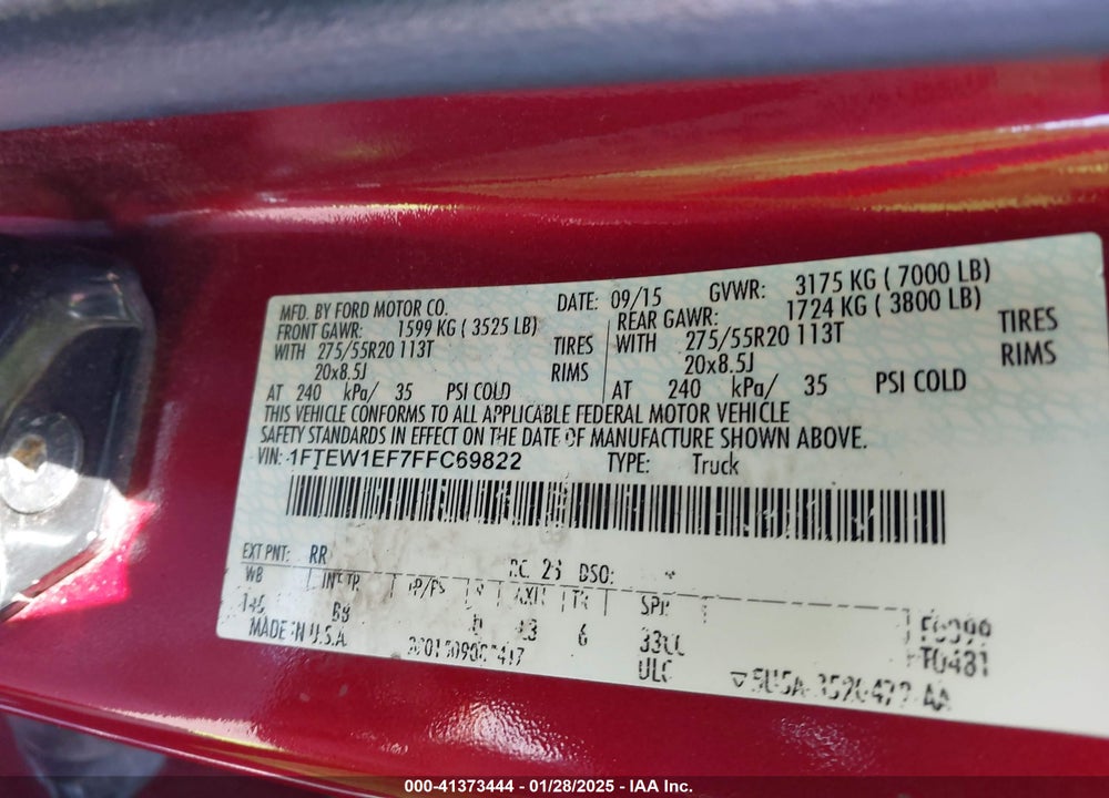 2015 FORD F-150 PLATINUM VIN: 1FTEW1EF7FFC69822