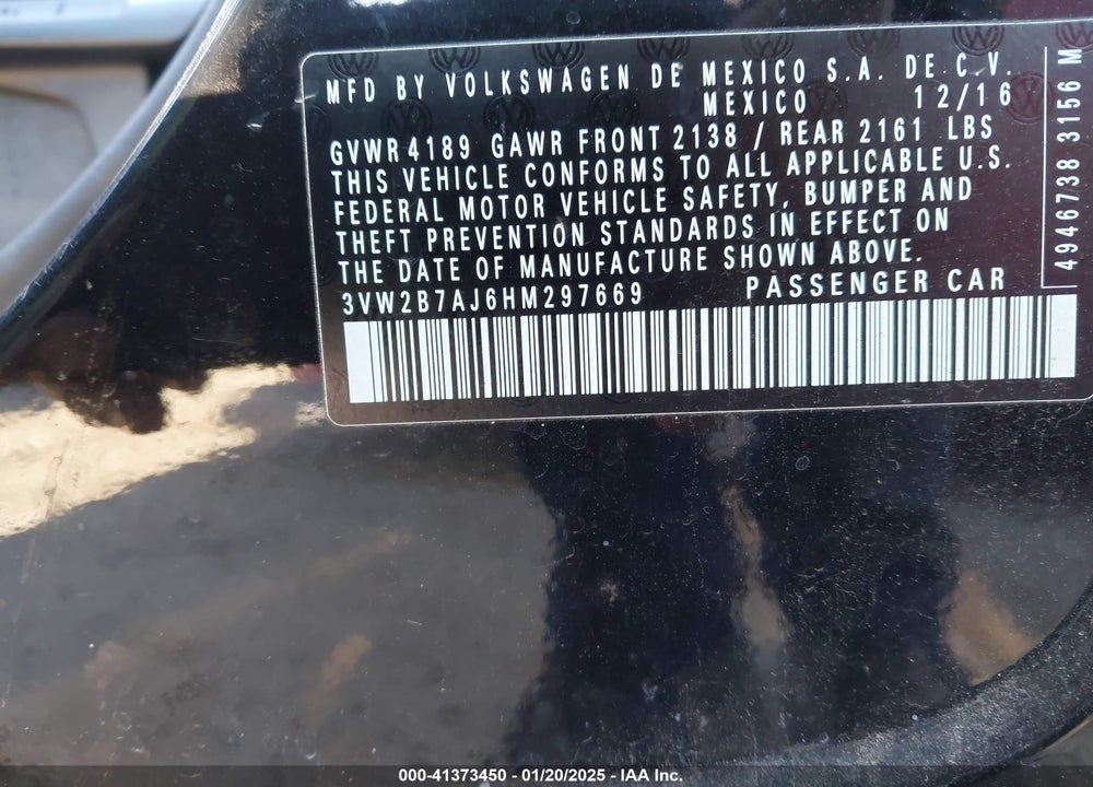 2017 VOLKSWAGEN JETTA VIN: 3VW2B7AJ6HM297669