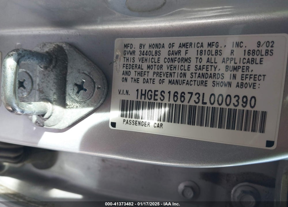 2003 HONDA CIVIC LX VIN: 1HGES16673L000390