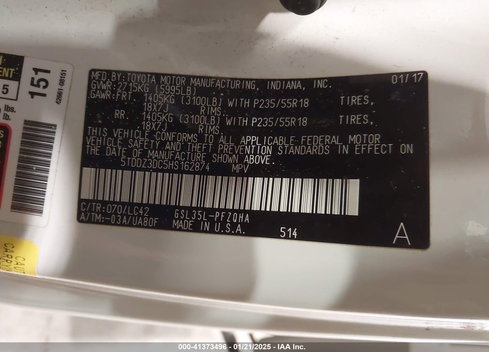 2017 TOYOTA SIENNA XLE 7 PASSENGER VIN: 5TDDZ3DC5HS162874