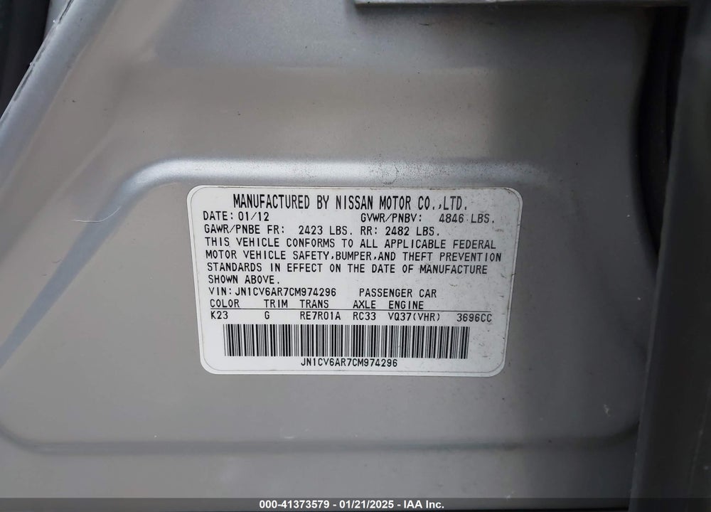 2012 INFINITI G37 VIN: JN1CV6AR7CM974296