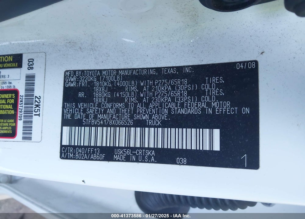 2008 TOYOTA TUNDRA SR5 5.7L V8 VIN: 5TFBV54178X066526