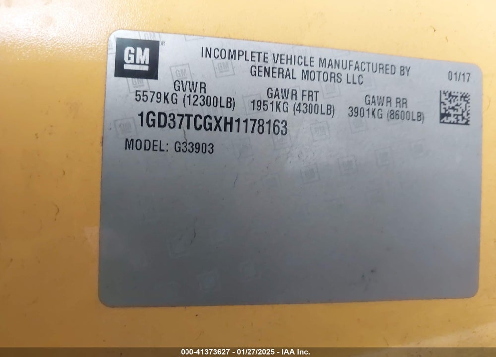 2017 GMC SAVANA CUTAWAY WORK VAN VIN: 1GD37TCGXH1178163