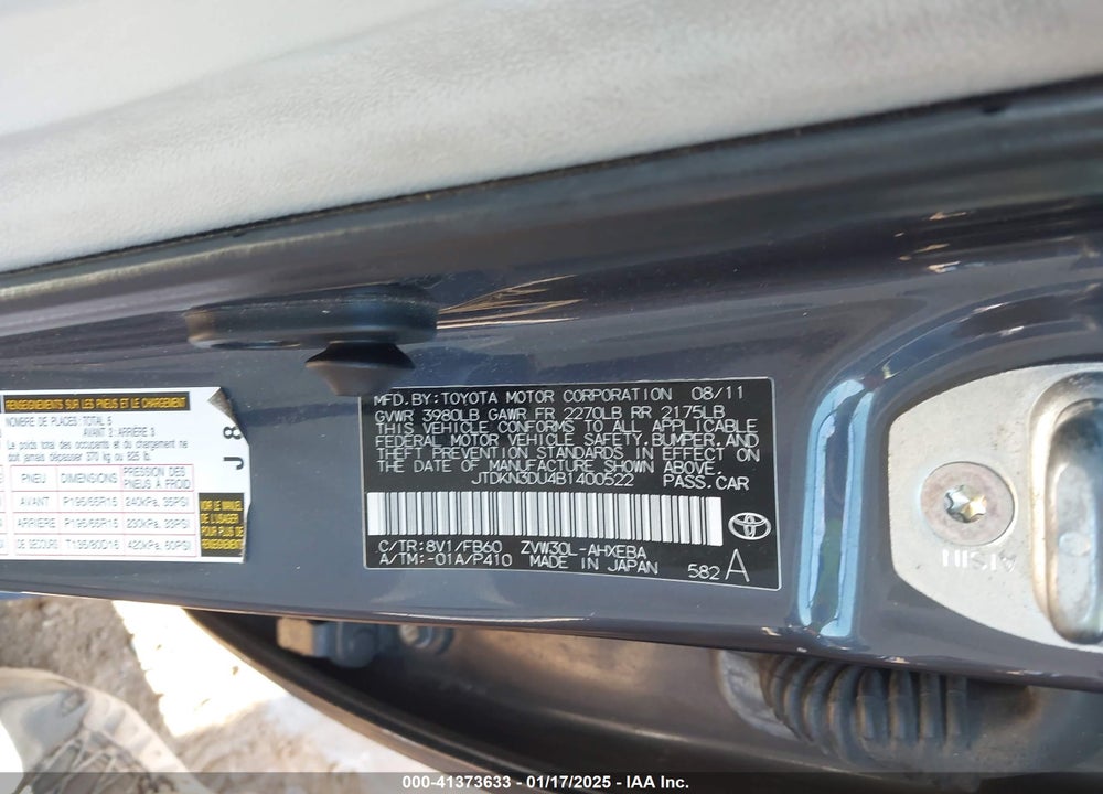 2011 TOYOTA PRIUS VIN: JTDKN3DU4B1400522