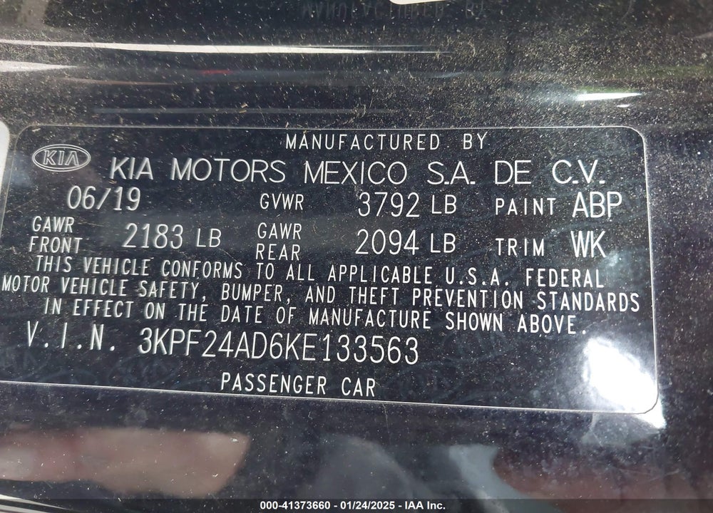 2019 KIA FORTE VIN: 3KPF24AD6KE133563