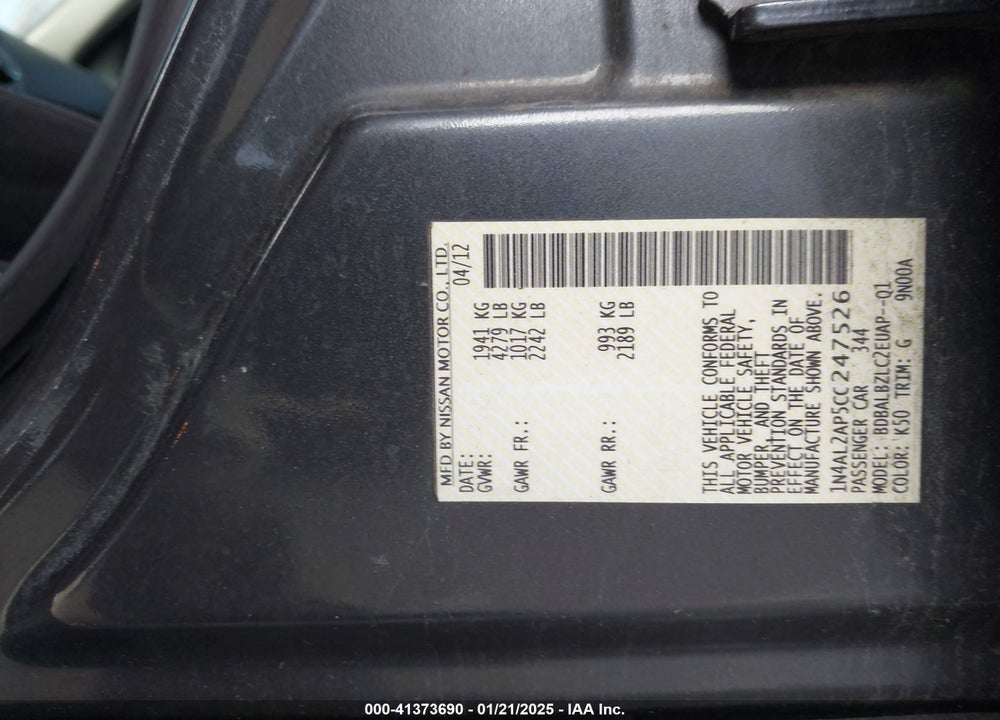 2012 NISSAN ALTIMA 2.5 S VIN: 1N4AL2AP5CC247526