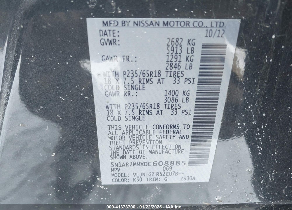 2013 NISSAN PATHFINDER SL VIN: 5N1AR2MMXDC608885